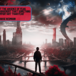 Graphic representing the quote 'Courage is not the absence of fear, but rather the judgement that something else is more important than fear' by Ambrose Redmoon. The image depicts a young man standing at the start of a futuristic, glowing rope bridge that spans a raging river in a stormy, alien jungle. The other end of the bridge disappears into a storm, hinting at a high-tech, AI-driven future. The young man looks determined, ready to carry the wisdom and ethos of humanity into this uncertain future.