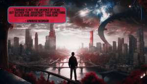Graphic representing the quote 'Courage is not the absence of fear, but rather the judgement that something else is more important than fear' by Ambrose Redmoon. The image depicts a young man standing at the start of a futuristic, glowing rope bridge that spans a raging river in a stormy, alien jungle. The other end of the bridge disappears into a storm, hinting at a high-tech, AI-driven future. The young man looks determined, ready to carry the wisdom and ethos of humanity into this uncertain future.