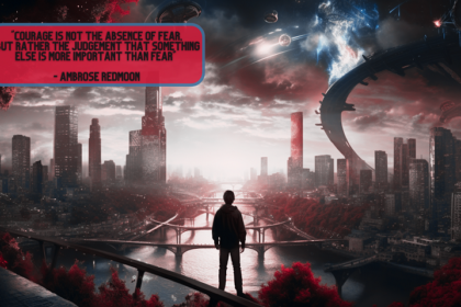 Graphic representing the quote 'Courage is not the absence of fear, but rather the judgement that something else is more important than fear' by Ambrose Redmoon. The image depicts a young man standing at the start of a futuristic, glowing rope bridge that spans a raging river in a stormy, alien jungle. The other end of the bridge disappears into a storm, hinting at a high-tech, AI-driven future. The young man looks determined, ready to carry the wisdom and ethos of humanity into this uncertain future.