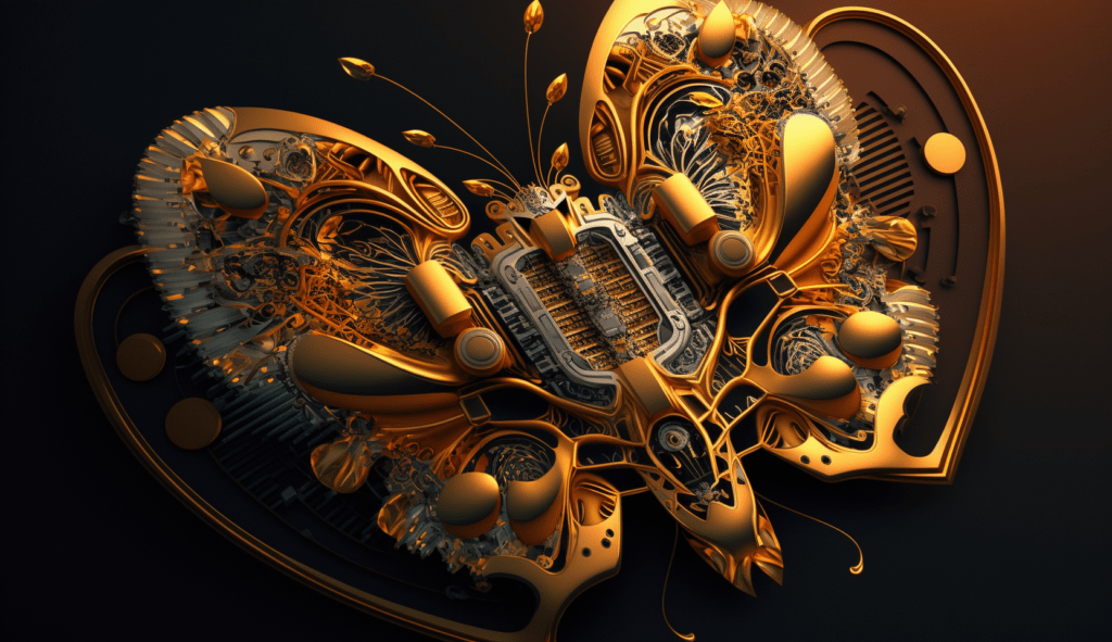 A golden butterfly made of electronic PCB, symbolizing the convergence of nature and technology, representing the transformative journey of The Great Reset series.