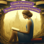 Woman engrossed in a book inside a tree library with a cityscape view, symbolizing the journey and benefits of lifelong learning.