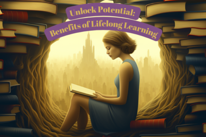 Woman engrossed in a book inside a tree library with a cityscape view, symbolizing the journey and benefits of lifelong learning.