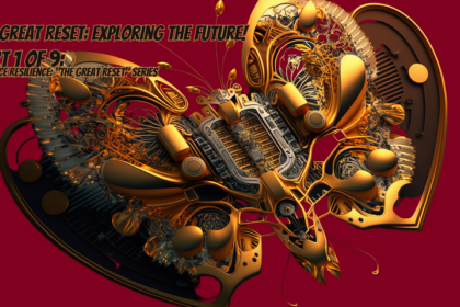 The Great Reset: Navigating the Future - A golden butterfly made of electronic PCB, symbolizing the convergence of nature and technology, against a burgundy background. The title 'The Great Reset: Navigating the Future' is displayed in elegant typography.