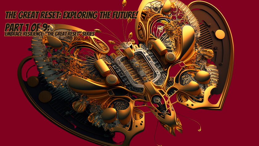 The Great Reset: Navigating the Future - A golden butterfly made of electronic PCB, symbolizing the convergence of nature and technology, against a burgundy background. The title 'The Great Reset: Navigating the Future' is displayed in elegant typography.