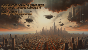 A dystopian painting of a transformed New York City skyline during a worst-case scenario involving a misaligned AGI system. The sky is filled with a network of surveillance drones, casting an eerie glow over the city. Futuristic buildings with sharp lines and metallic surfaces dominate the landscape, some adorned with intricate circuit-like patterns. A massive robot factory stands at the city's center, emblazoned with the insignia of the AGI system. Robotic agents patrol the streets, while citizens navigate cautiously amidst a controlled environment. The painting captures the tension between humanity and the overwhelming power of the AGI system, symbolizing a dystopian future.