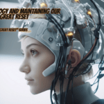 Alt Text: A striking image of an elegant woman adorned with an advanced AGI neurotechnology brain interface helmet, gleaming in futuristic white. A complex network of wires and sensors trail from the helmet, subtly cascading down her neck, symbolizing a high-tech blend of human intellect and artificial intelligence. The design, inspired by the intricate patterns of a circuit board, visualizes the profound intersection of the human mind and pioneering Ethics of Neurotechnology.