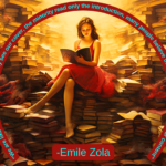 Young girl in a vibrant red dress, sitting atop a mound of books, surrounded by towering piles of books on either side, with a radiant light illuminating her from behind, symbolizing the enlightening power of knowledge and the concept of empowering wisdom in technology. Experience the beauty of seeing beyond the cover with Emile Zola's quote.