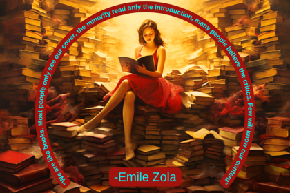 Young girl in a vibrant red dress, sitting atop a mound of books, surrounded by towering piles of books on either side, with a radiant light illuminating her from behind, symbolizing the enlightening power of knowledge and the concept of empowering wisdom in technology. Experience the beauty of seeing beyond the cover with Emile Zola's quote.
