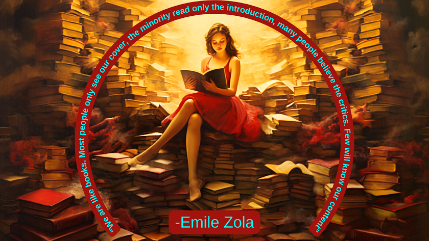 Young girl in a vibrant red dress, sitting atop a mound of books, surrounded by towering piles of books on either side, with a radiant light illuminating her from behind, symbolizing the enlightening power of knowledge and the concept of empowering wisdom in technology. Experience the beauty of seeing beyond the cover with Emile Zola's quote.
