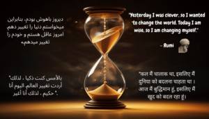 Photorealistic image of a detailed hourglass with sand flowing, symbolizing the shift from cleverness to wisdom, highlighted by dramatic lighting. A Rumi quote on wisdom is written in English, Persian, Hindi, and Arabic.