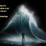 A graphic representation of a steadfast individual, illuminated by a light of truth and courage, standing firm against a wave of misinformation and lies, depicted in neon green colors. This image embodies the concept of Riding the Wave of Truth, demonstrating the courage needed to reject lies and uphold truth.