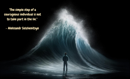 A graphic representation of a steadfast individual, illuminated by a light of truth and courage, standing firm against a wave of misinformation and lies, depicted in neon green colors. This image embodies the concept of Riding the Wave of Truth, demonstrating the courage needed to reject lies and uphold truth.