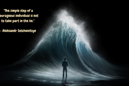 A graphic representation of a steadfast individual, illuminated by a light of truth and courage, standing firm against a wave of misinformation and lies, depicted in neon green colors. This image embodies the concept of Riding the Wave of Truth, demonstrating the courage needed to reject lies and uphold truth.