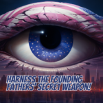 Futuristic cityscape under the gaze of a Trompe-l'œil eye, the iris formed by the American flag, symbolizing the enduring wisdom and courage of the Founding Fathers.