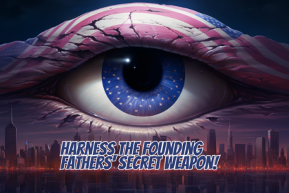 Futuristic cityscape under the gaze of a Trompe-l'œil eye, the iris formed by the American flag, symbolizing the enduring wisdom and courage of the Founding Fathers.