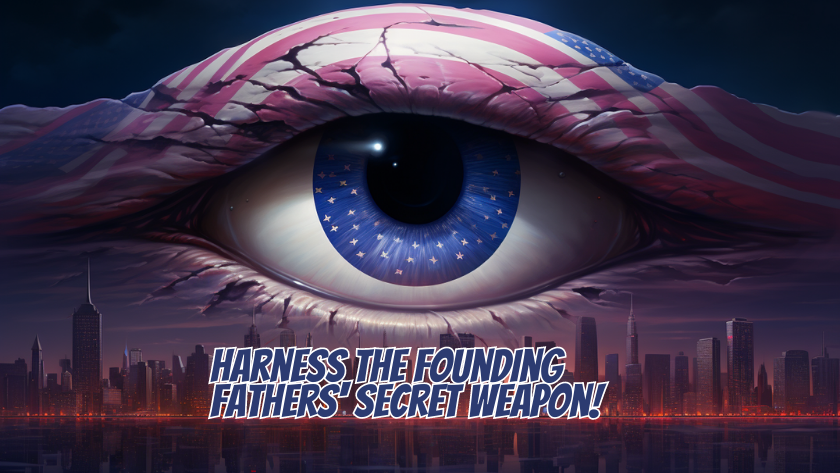 Futuristic cityscape under the gaze of a Trompe-l'œil eye, the iris formed by the American flag, symbolizing the enduring wisdom and courage of the Founding Fathers.