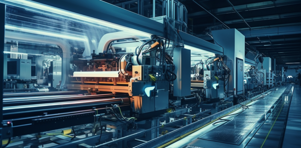 Futuristic Wisdom Generation factory with robotic arms and autonomous machines