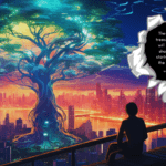 Nurturing the future! A vibrant neon cityscape with a figure planting a glowing tree in the foreground, and a 3D rip revealing a black hole containing the quote 'The one who plants trees, knowing that he will never sit in their shade, has at least started to understand the meaning of life'