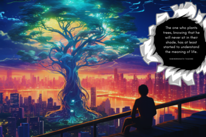 Nurturing the future! A vibrant neon cityscape with a figure planting a glowing tree in the foreground, and a 3D rip revealing a black hole containing the quote 'The one who plants trees, knowing that he will never sit in their shade, has at least started to understand the meaning of life'