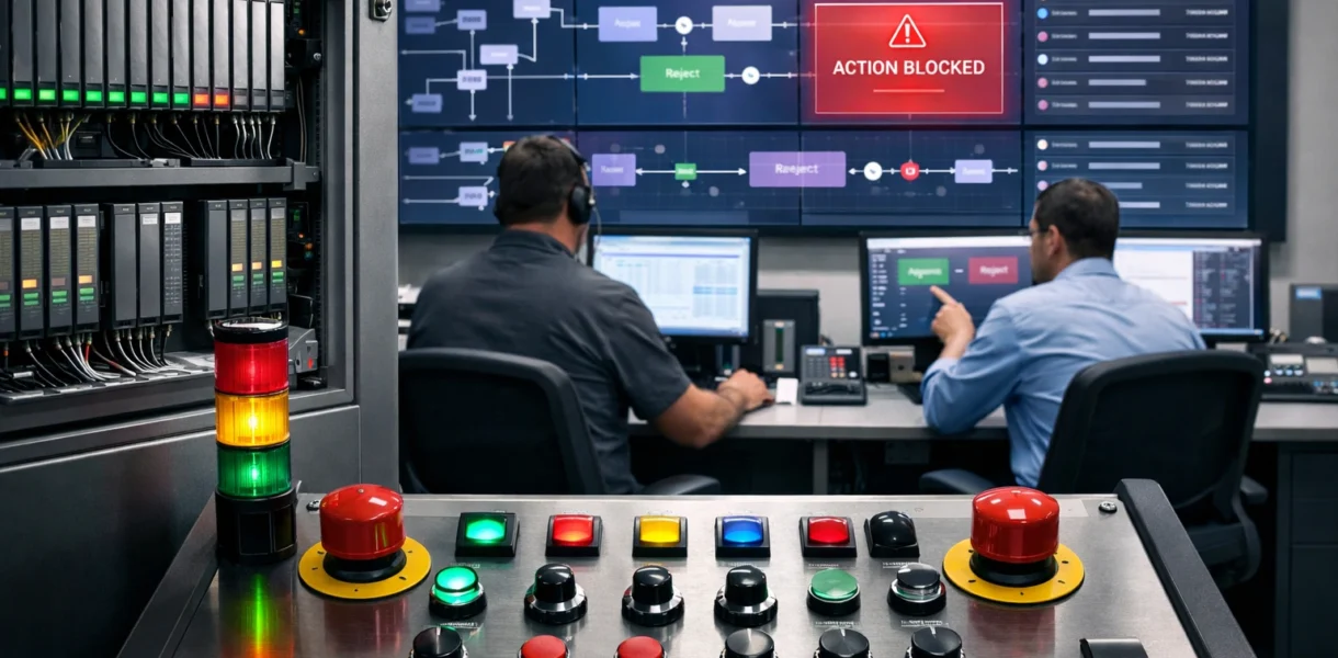 Agentic AI SCADA control room with operators monitoring approval gates, blocked actions, and audit trails on large industrial displays
