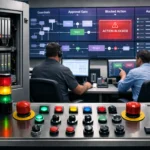 Agentic AI SCADA control room with operators monitoring approval gates, blocked actions, and audit trails on large industrial displays
