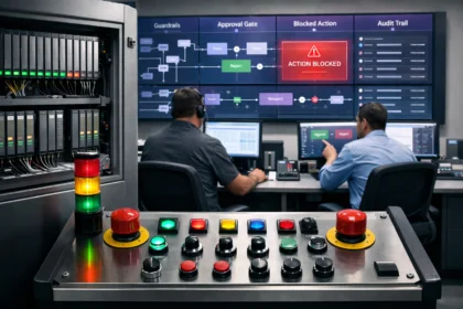 Agentic AI control room with operators monitoring approval gates, blocked actions, and audit trails