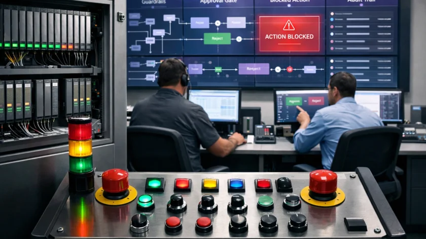 Agentic AI SCADA control room with operators monitoring approval gates, blocked actions, and audit trails on large industrial displays