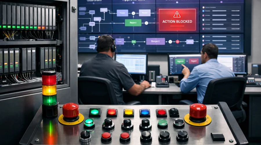 Agentic AI SCADA control room with operators monitoring approval gates, blocked actions, and audit trails on large industrial displays