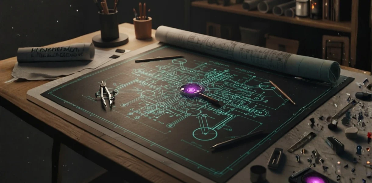 Architectural blueprint showing an AI model as one component within a larger system of orchestration, context management, and quality evaluation