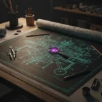 Architectural blueprint showing an AI model as one component within a larger system of orchestration, context management, and quality evaluation