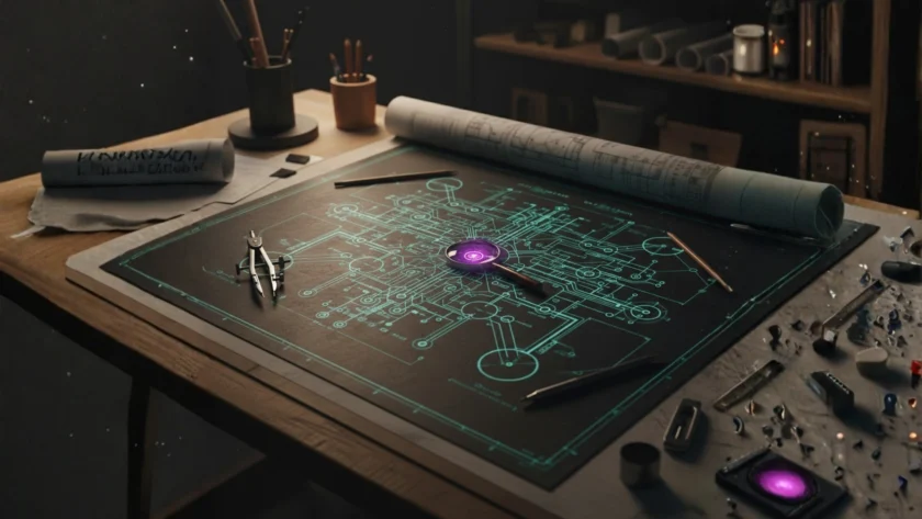 Architectural blueprint showing an AI model as one component within a larger system of orchestration, context management, and quality evaluation