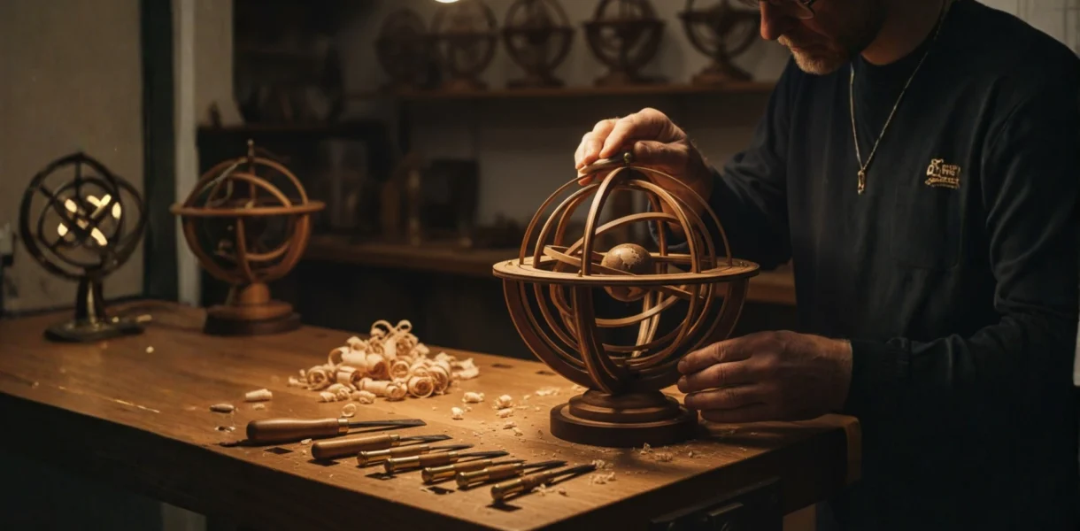 Illustration of a master craftsman refining a wooden armillary sphere, representing intentional product design and user retention