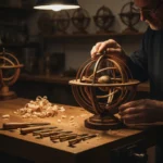 Illustration of a master craftsman refining a wooden armillary sphere, representing intentional product design and user retention