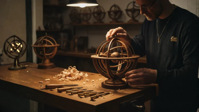 Illustration of a master craftsman refining a wooden armillary sphere, representing intentional product design and user retention