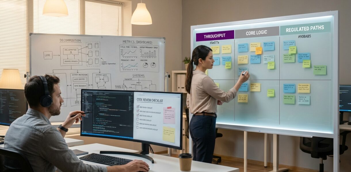 Engineering workspace showing structured AI coding workflow with three risk tiered lanes, code review checkpoints, and team collaboration on a decomposition board