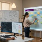 Engineering workspace showing structured AI coding workflow with three risk tiered lanes, code review checkpoints, and team collaboration on a decomposition board