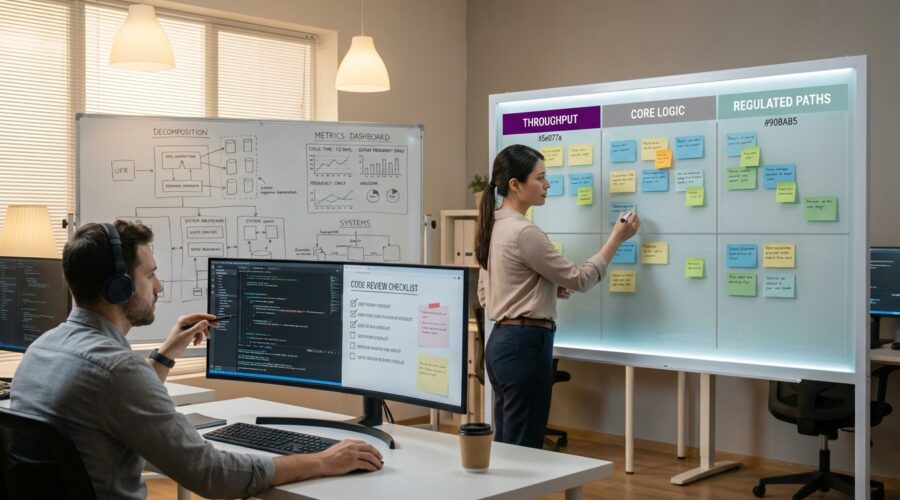 Engineering workspace showing structured AI coding workflow with three risk tiered lanes, code review checkpoints, and team collaboration on a decomposition board