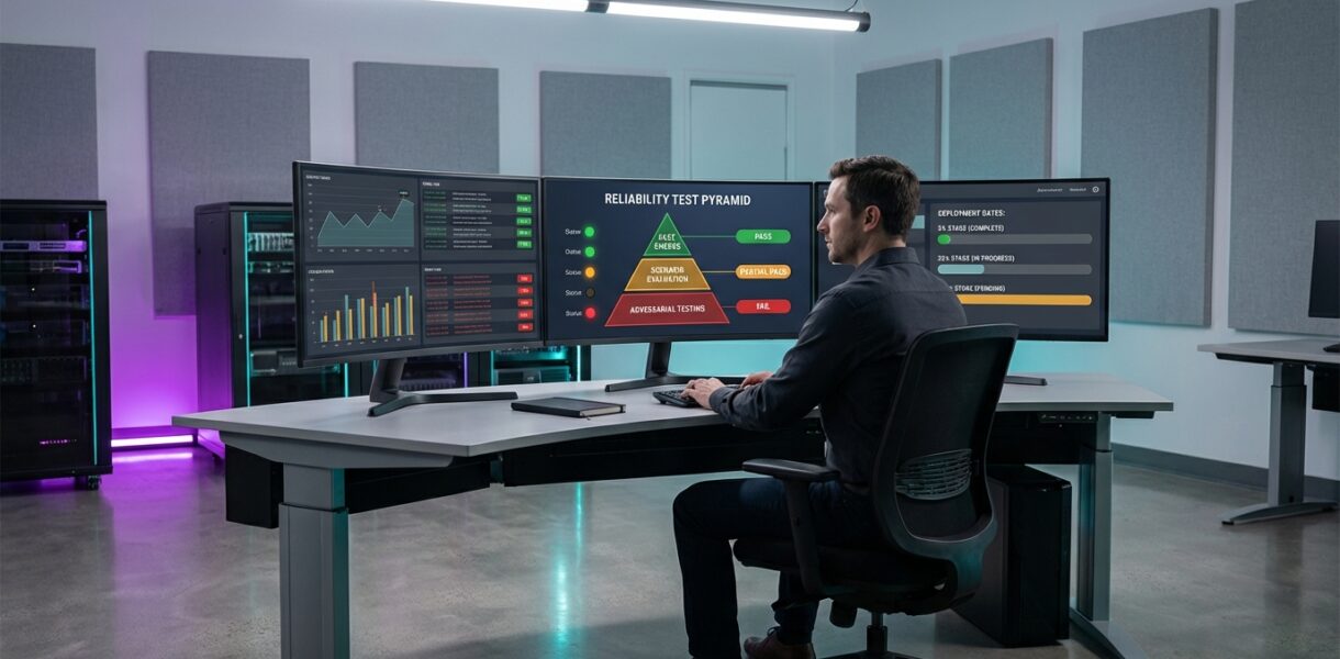 Quality assurance testing environment showing AI reliability test pyramid with three evaluation layers, model output comparisons, and staged deployment rollout indicators