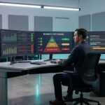 Quality assurance testing environment showing AI reliability test pyramid with three evaluation layers, model output comparisons, and staged deployment rollout indicators