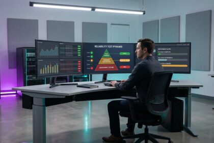 Quality assurance testing environment showing AI reliability test pyramid with three evaluation layers, model output comparisons, and staged deployment rollout indicators
