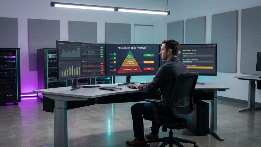 Quality assurance testing environment showing AI reliability test pyramid with three evaluation layers, model output comparisons, and staged deployment rollout indicators