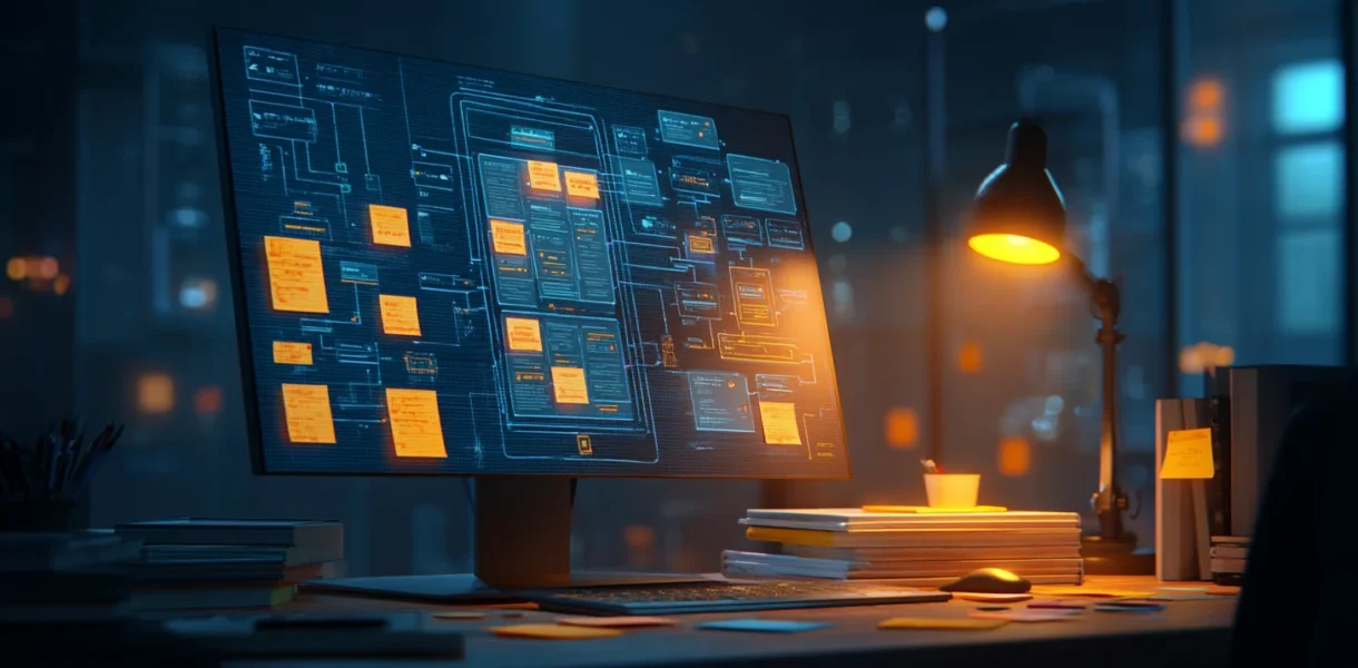 Minimalist workspace with laptop showing habit tracker architecture, illustrating product resilience decisions