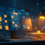 Minimalist workspace with laptop showing habit tracker architecture, illustrating product resilience decisions