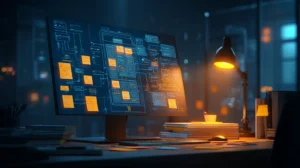 Minimalist workspace with laptop showing habit tracker architecture, illustrating product resilience decisions