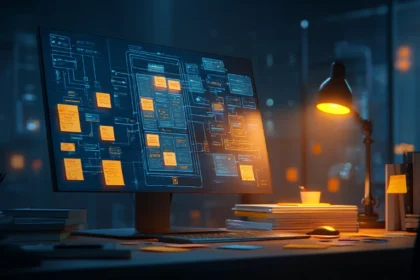 Minimalist workspace with laptop showing habit tracker architecture, illustrating product resilience decisions