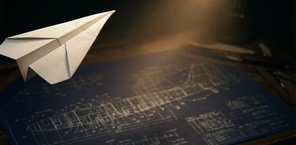 Paper airplane in flight over aircraft blueprints, representing testing ideas at small scale before full commitment