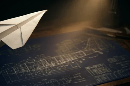 Paper airplane in flight over aircraft blueprints, representing testing ideas at small scale before full commitment