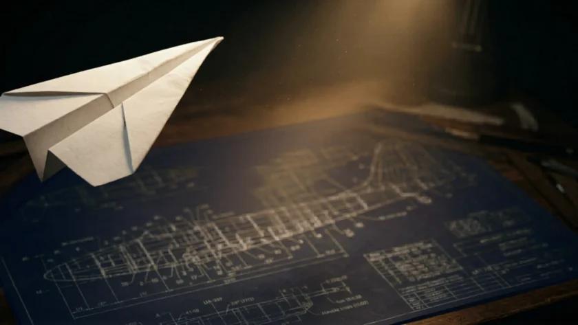 Paper airplane in flight over aircraft blueprints, representing testing ideas at small scale before full commitment