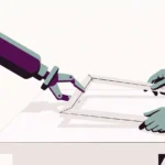 Robotic arm and human hands assembling a wooden frame together, a metaphor for people and AGI working side by side