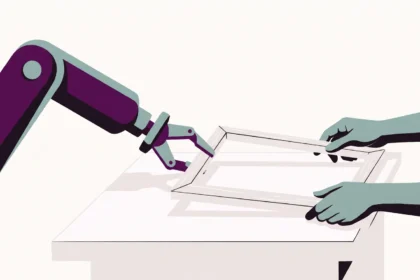 Robotic arm and human hands assembling a wooden frame together, a metaphor for people and AGI working side by side